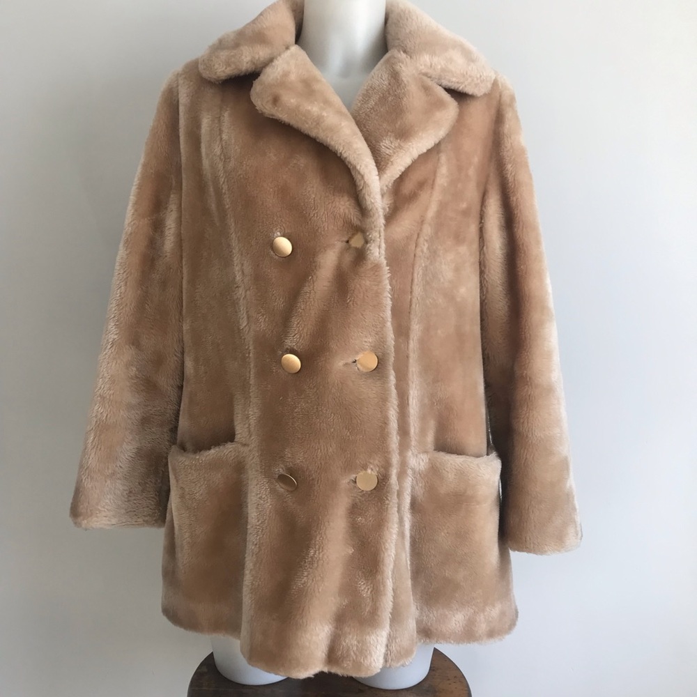 VTG Champagne Faux Fur double breasted coat sz S